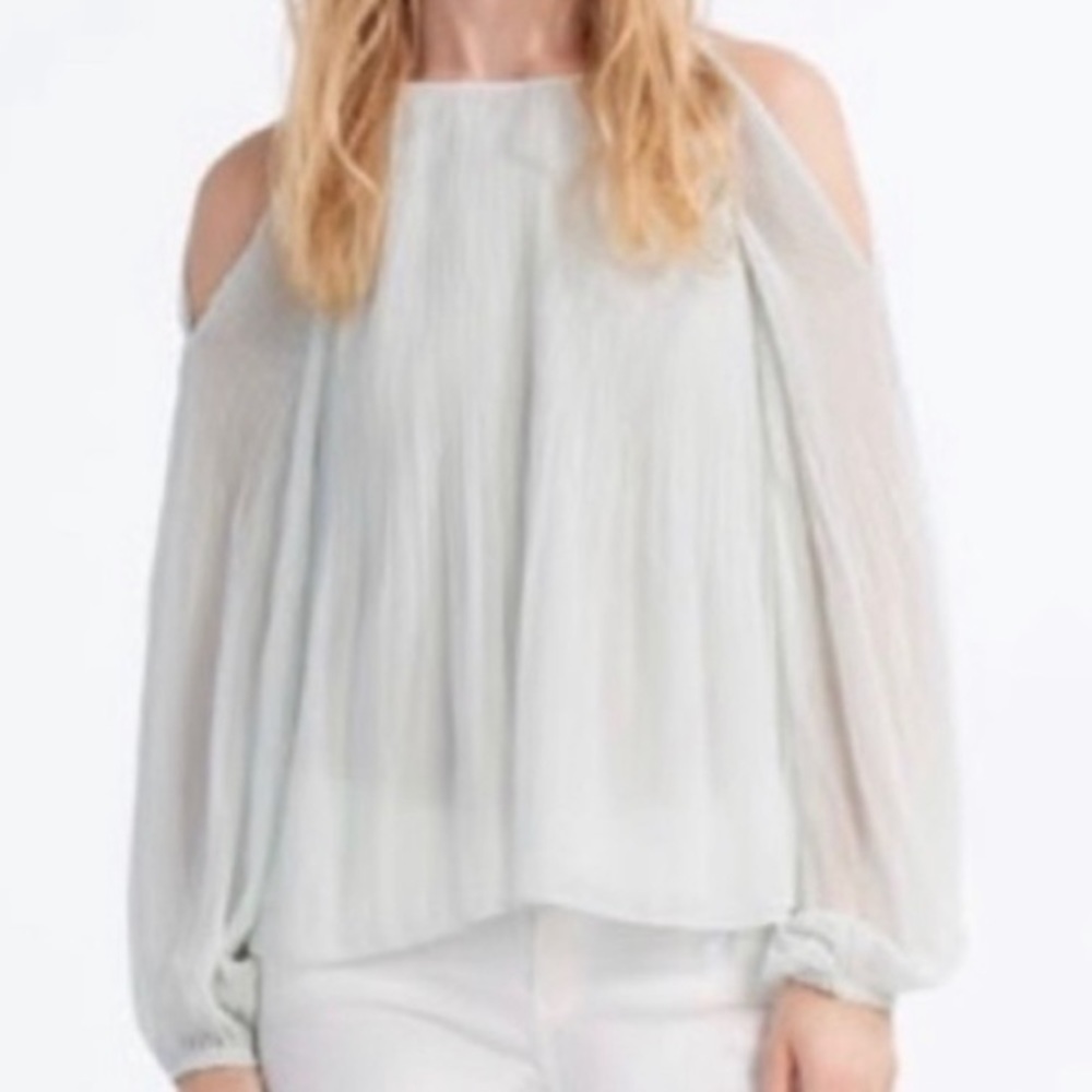 Zara Cold Shoulder Sheer Pleated Blouse